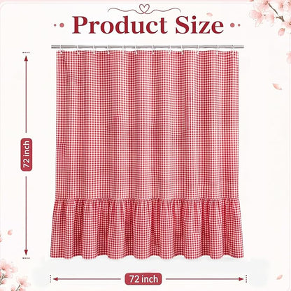 HunnmingRe Ruffle Hem Gingham Shower Curtain, Red Farmhouse | Waterproof Fabric for Bathroom, Machine Washable, Standard Size Fits Most Tubs, Farmhouse Cottage Style Decor