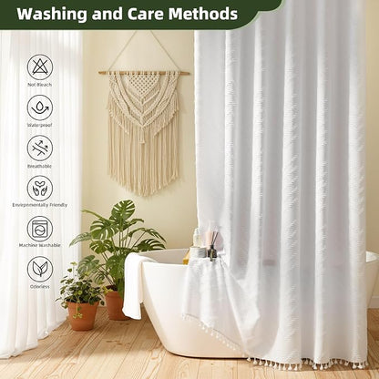 Siiluminisoy Boho Shower Curtain White Tassel Woven Fabric Shower Curtain 71 x 72 Modern Farmhouse Textured Tufted Chevron Striped Minimalist Bathroom Shower Curtains