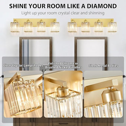 Bathroom Vanity Light Fixtures Over Mirror 4 Crystal Lights - Makeup Lighting Pure Gold - for Modern Wall, Bath, Desk, Farmhouse, Hallway