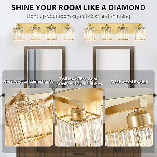 Bathroom Vanity Light Fixtures Over Mirror 4 Crystal Lights - Makeup Lighting Pure Gold - for Modern Wall, Bath, Desk, Farmhouse, Hallway