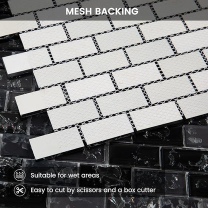 Glass Mosaic Tile Backsplash Black 12 Inch 5 sq.ft | Glass Tiles for Kitchen Backsplash Bathroom and Shower 5-Pack