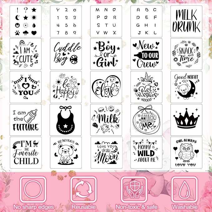 Panitay 126 Pcs Baby Shower DIY Bodysuit Set Bib 25 Blank White Newborn Bodysuit 25 Stencils 24 Marker 1 Sign 50 Pins(Pink Elephant)