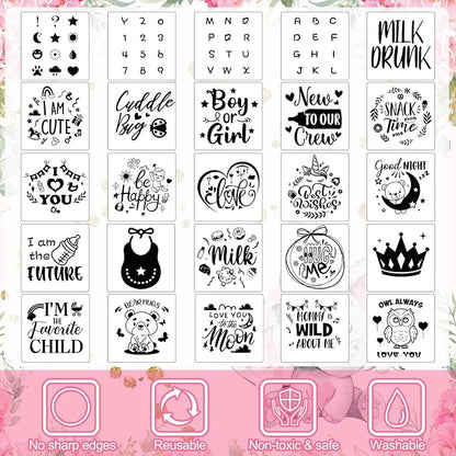 Panitay 126 Pcs Baby Shower DIY Bodysuit Set Bib 25 Blank White Newborn Bodysuit 25 Stencils 24 Marker 1 Sign 50 Pins(Pink Elephant)