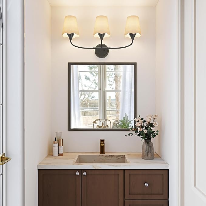 Morauroral Bathroom Light Fixtures Over Mirror, 3 Light Vanity Light for Bathroom, Black Vanity Light Fixtures with Fabric Linen Shade, E26 Socket Sconce Wall Decor(ETL Listed)