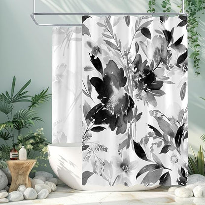 Extra Wide Flower Shower Curtain 108x72 for Claw Foot Tub, Black and White | Modern Watercolor Floral 108 inch Long Shower Curtain Set with 18 Pack Plastic C-Hooks
