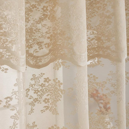 TUDECO Beige Lace Shower Curtain with Attached Valance, 72 x 72 Inch | Antique Vintage, Floral Pattern, Tan Bathroom Curtain, Scalloped Edges, Light Filtering, Soft Privacy, Reinforced Holes