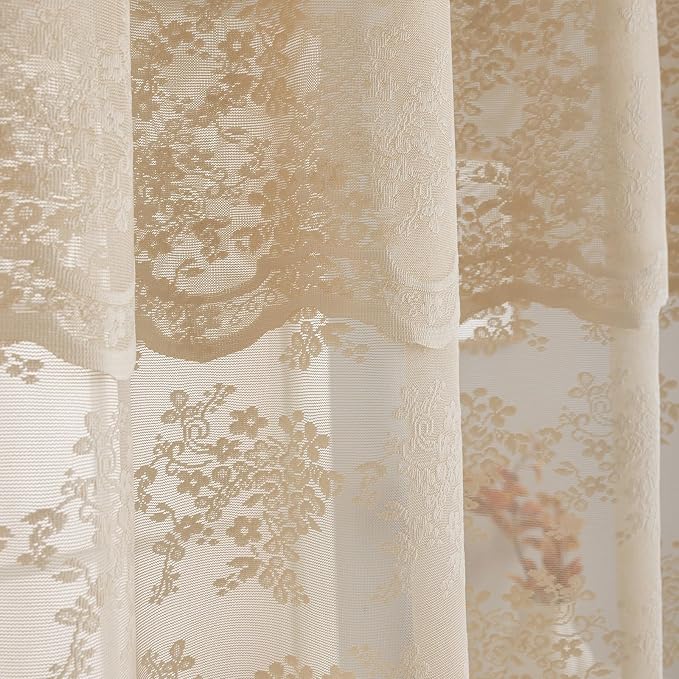TUDECO Extra Long Beige Lace Shower Curtain with Valance, 72 x84 Inch | Antique Vintage, Floral Pattern, Tall Bathroom Curtain, Scalloped Edges, Light Filtering, Soft Privacy, Reinforced Holes