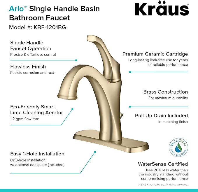 KRAUS KBF-1201BG Arlo Single Handle Basin Bathroom Faucet with Lift Rod Drain and Deck Plate, Brushed Gold