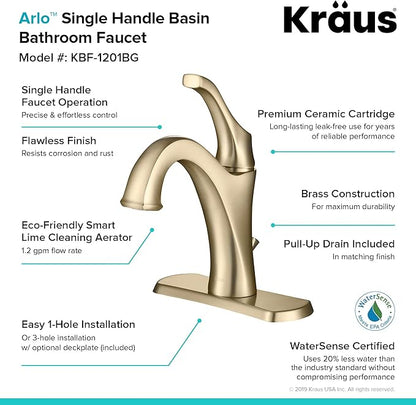 KRAUS KBF-1201BG Arlo Single Handle Basin Bathroom Faucet with Lift Rod Drain and Deck Plate, Brushed Gold