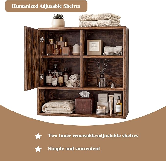 Farmhouse Bathroom Wall Cabinet Wooden Fluted Medicine Cabinet Rustic Brown | FerniTry Over Toilet Storage Cabinet with Adjustable Shelf, Wood Wall Mounted Storage Cabinet Organizer