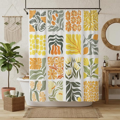 JAWO Cute Boho Floral Shower Curtain, Vintage Yellow Abstract Floral Retro Aesthetic Plant Shower Curtain for Bathroom, Funky Unique Waterproof Fabric Polyester Bath Curtains Decor with Hooks,70Wx75H