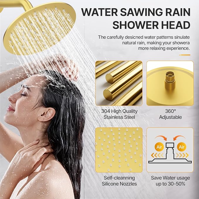 Shower Faucet Set Brass 8IN Rough-In Valve Body Trim Kit Rainfall Included Handle Accessories Complete 2 Functions with Rain Head and Handheld Bathroom Systems (8‘’, Brushed Gold)