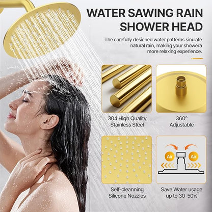 Shower Faucet Set Brass 8IN Rough-In Valve Body Trim Kit Rainfall Included Handle Accessories Complete 2 Functions with Rain Head and Handheld Bathroom Systems (8‘’, Brushed Gold)