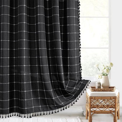 Long Boho Farmhouse Shower Curtain for Bathroom 72x78 | Long French Country Plaid Tassel Shower Curtain, Rustic Aesthetic Bathroom Decor Windows Curtain, Black