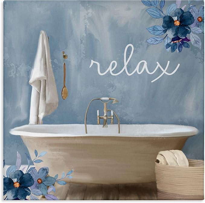 Blue Floral Bathroom Relaxation, 30 x 30 Inch Canvas Wall Art | Stupell Industries · By Kim Allen · Ready to hang · Calm bath and laundry decor · Made in USA