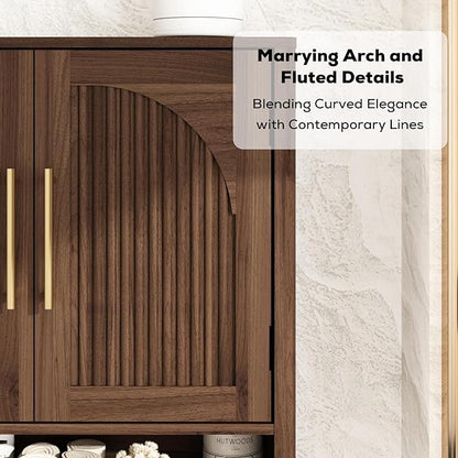 RUSTOWN Fluted Bathroom Wall Cabinet, Mid Century Modern Medicine Cabinet W/Adjustable Shelf & 2 Arched Doors, Over The Toilet Storage Cabinets for Laundry Room Kitchen Living Room, Dark Walnut