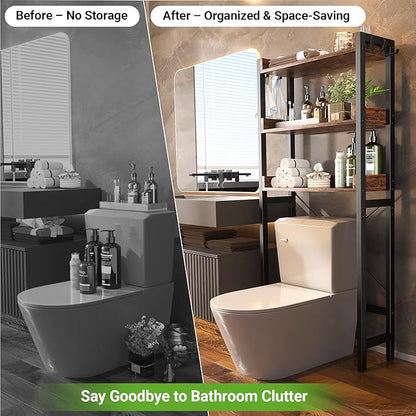 Over The Toilet Storage Rack - 3 Tier Bathroom Organizer with Shelves, Freestanding Space Saver Storage Rack Above Toilet Stand with 4 Hooks for Restroom, Laundry, Rustic Brown
