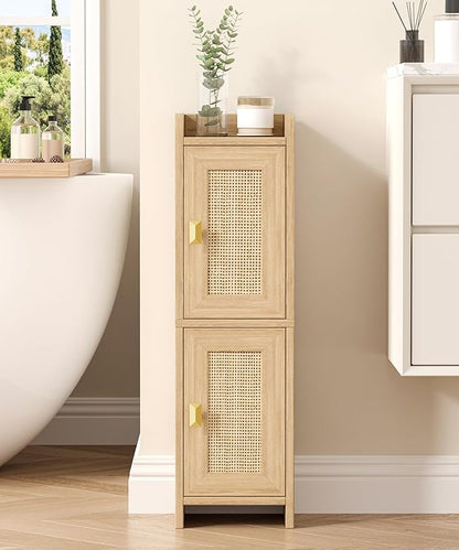Rattan Small Bathroom Cabinet with 2 Doors, 7.9''D x 7.9''W Narrow Toilet Paper Storage Cabinet, Bathroom Organizer for Small Spaces, Wooden Slim Corner Unit with Adjustable Shelf, Natural Oak