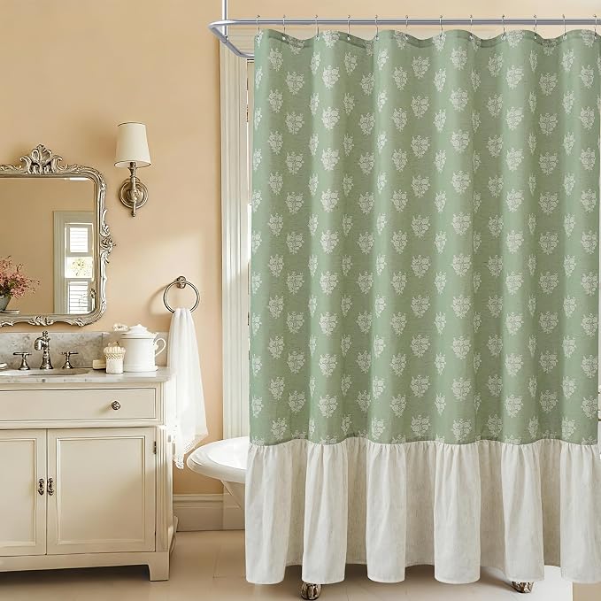 ORTIGIA Linen Textured Ruffle Shower Curtain with Metal Hooks, Green Vintage Block Print Floral Boho Waterproof Bath Curtain for Rustic Farmhouse Bathroom Decor 72x72 Inch