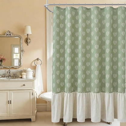ORTIGIA Linen Textured Ruffle Shower Curtain with Metal Hooks, Green Vintage Block Print Floral Boho Waterproof Bath Curtain for Rustic Farmhouse Bathroom Decor 72x72 Inch