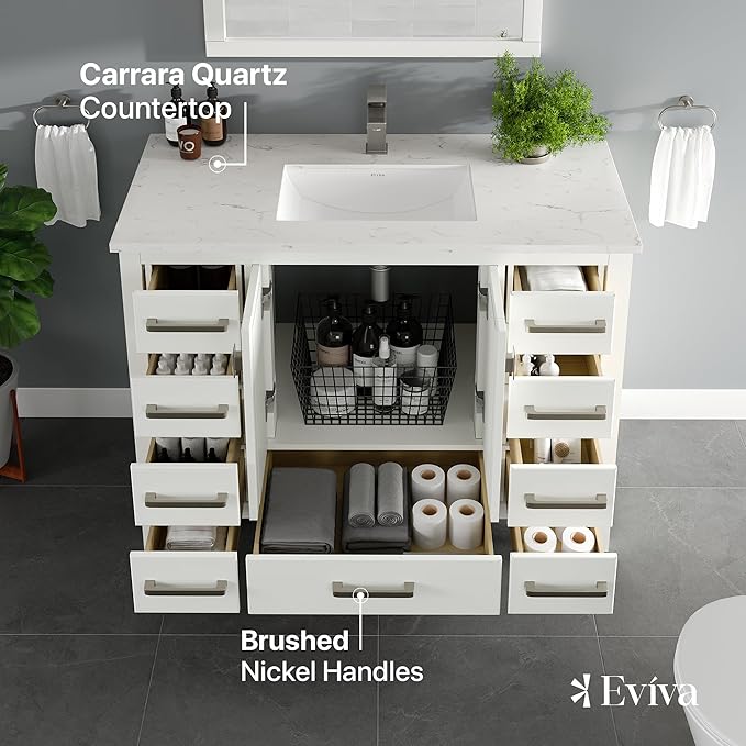 Eviva London 42 Inch Vanity with Top – Bath Vanity with Sink and Countertop, White Bathroom Sink Cabinet with Quartz Countertop and Porcelain Single Sink for Modern Bathrooms