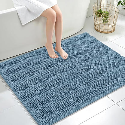 OLANLY Thick Large Bathroom Rugs 40x32, Soft Chenille Bath Rugs, Airy Blue | Absorbent Striped, Rubber Backing, Machine Wash Dry, Bath Mats for Bathroom Floor, Tub and Shower, Home Decor Accessories