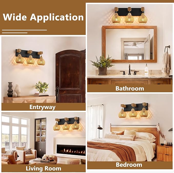 Farmhouse Bathroom Light Fixture, 3-Light Boho Vanity Light, Bamboo Bathroom Light Fixture Over Mirror Rustic Vanity Lighting with Handmade Bamboo Shades, Suit for Restroom, Bedroom, Hallway
