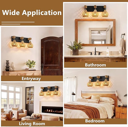 Farmhouse Bathroom Light Fixture, 3-Light Boho Vanity Light, Bamboo Bathroom Light Fixture Over Mirror Rustic Vanity Lighting with Handmade Bamboo Shades, Suit for Restroom, Bedroom, Hallway