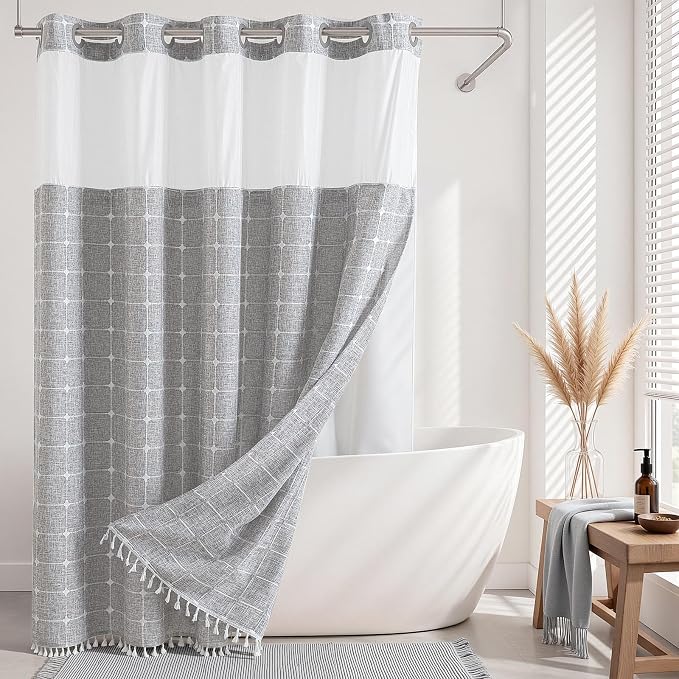 River Dream Farmhouse No Hooks Shower Curtain with Snap-in Liner,Grey,71x86 | Snap on Fabric Liner,Heavy Duty,Quick Dry,Mesh Top Window,With Bottom Magnets,Washable,with Tassels,Extra Long Size