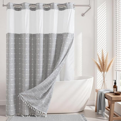 River Dream Farmhouse No Hooks Shower Curtain with Snap-in Liner,Grey,71x74 | Snap on Fabric Liner,Heavy Duty,Quick Dry,Mesh Top,With Bottom Magnets,Washable,with Tassels,Standard Size
