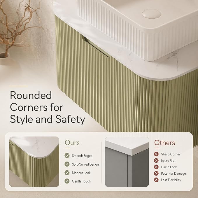 30 Inch Bathroom Vanity with Sink, Floating Wall Mounted Single Sink Vanity, Sage Green Curved Fluted Front, Stone Top, White Textured Rectangular Vessel Basin, Pre-Assembled