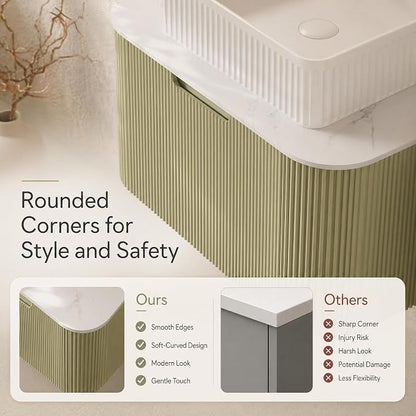 30 Inch Bathroom Vanity with Sink, Floating Wall Mounted Single Sink Vanity, Sage Green Curved Fluted Front, Stone Top, White Textured Rectangular Vessel Basin, Pre-Assembled