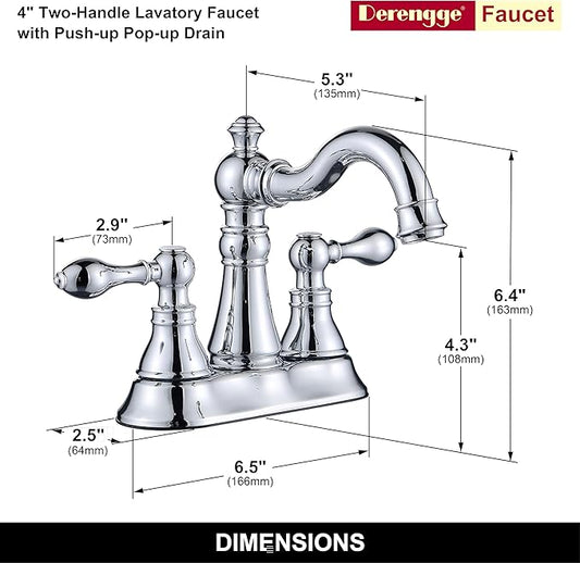 2 Handle Polished Chrome Bathroom Faucet 3 Hole with Pop up Drain Assembly,4 Inch Centerset Bathroom Lavatory Sink Faucet,F-0048-CP