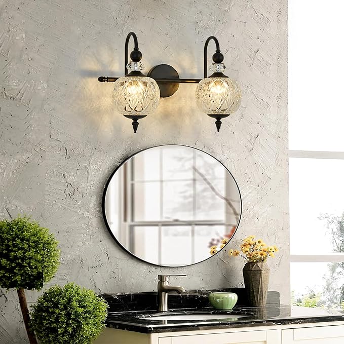 Vintage Bathroom Light Fixtures Black Vanity Light with Glass Globe LampShade 2 Lights Mid Century G9 Bulb Wall Sconce Indoor Vanity Light Over Mirror for Kitchen Bedroom Farmhouse