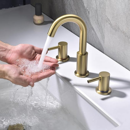 Brushed Gold Bathroom Faucet 3 Hole, 8 in Gold Widespread Bathroom Sink Faucet with Pop Up Drain and Supply Lines, Stainless Steel 2 Handle Gold Sink Faucet for Bathroom Vanity