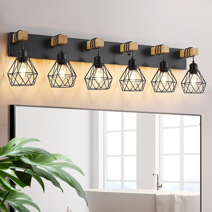 VbiTmn Bathroom Light Fixtures,6 Light Black Farmhouse Wood Vanity Lights | Rustic Design, Diamond Metal Shades, Easy to Install, Wall Sconces for Bathroom, Bedroom, Makeup Area, Over Vanity Mirror