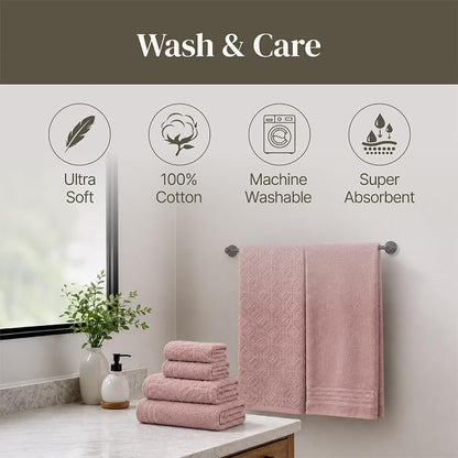 Modern Threads 6 Piece Cotton Bath Towel Set – Ultra Soft 550 GSM Towels – Bathroom Set with Hand Towels and Washcloths – Geometric (Blush)