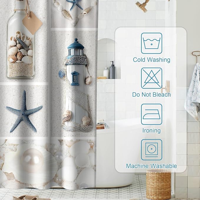 White Beach Shower Curtain Ocean Coastal Nautical Theme Fabric Modern Summer Seashell Bathroom Decor Sets with Grommets and Hooks 60W x 72H Blue