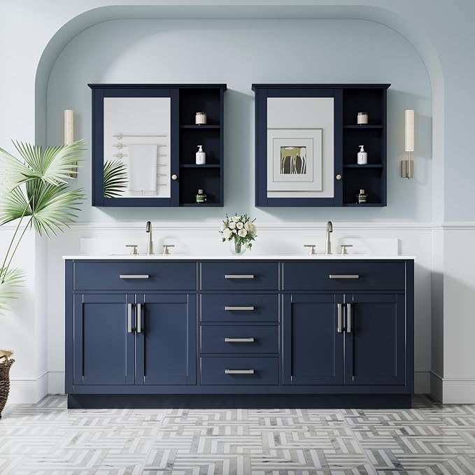 80-Inch Bathroom Vanity with Double Sinks W/ 4 Doors & 4 Drawers & 2 Flip Drawers, Navy Blue Vanity W/Brushed Nickel Handles