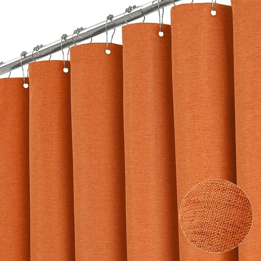 Long Linen Textured Waterproof Shower Curtain Set, 72x84, Burnt Orange | Tall Size, 230GSM Polyester, Heavy Duty Cloth, Weighted Hem, 12 Plastic Hooks, Modern Luxury Hotel Style, Machine Washable