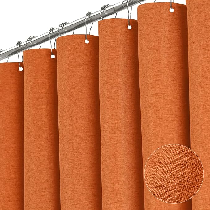Extra Long Linen Textured Waterproof Shower Curtain, 72x96, Orange | Extra Tall Size, 230GSM Polyester, Heavy Duty Cloth, Weighted Hem, 12 Plastic Hooks, Modern Hotel Style, Machine Washable
