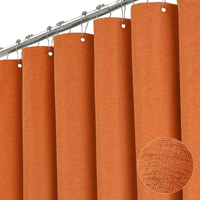 Burent Orange Linen Textured Waterproof Fabric Shower Curtain, 72x72 | 230GSM Polyester, Heavy Duty Cloth, Weighted Hem, 12 Plastic Hooks, Modern Hotel Style, Machine Washable, Bathroom Decor