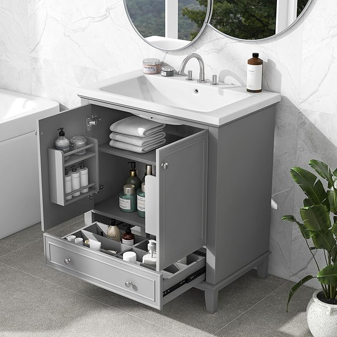 LUMISOL 30" Bathroom Vanity with Sink Set, Modern Single Bathroom Cabinet with Storage Doors and Drawer, Solid Wood Bathroom Vanity with Ceramic Sink, Grey