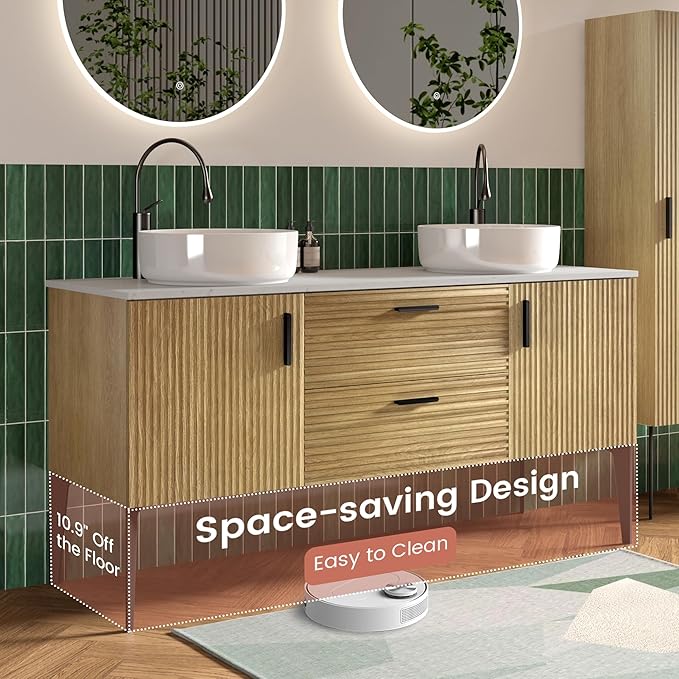 60" Bathroom Vanity with Double Sink, Modern Double Ceramic Vessel Sink Bathroom Vanity with Soft-Closing Drawers & Doors, Engineered Stone Countertop, Natural Oak