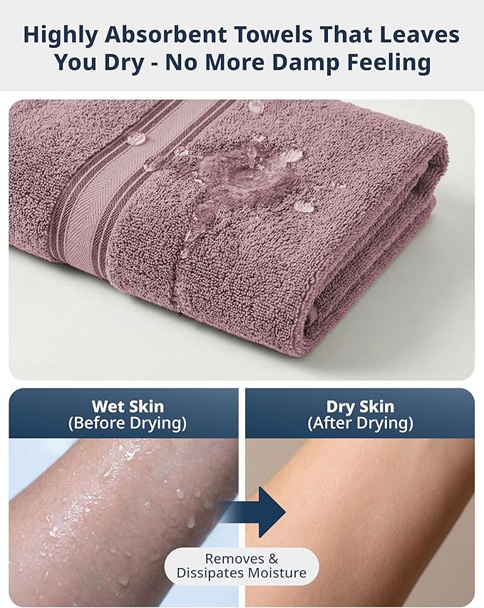 LANE LINEN Bath Towel Set Absorbent Quick Dry 100% Cotton - Wishful Mauve | Towel Sets For College Dorm - OEKO-TEX Certified, Zero-Twist Durability, Zero-Twist Cotton, Terry Weave Comfort