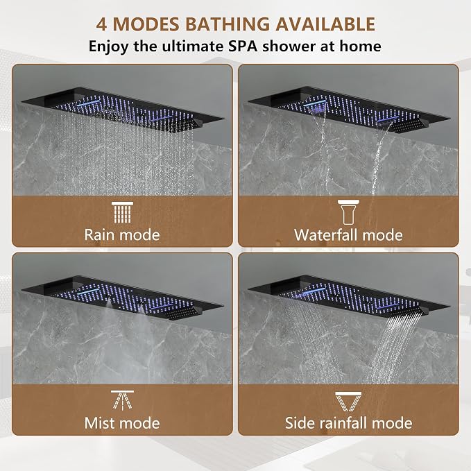 CASAINC 35x16 Inch Thermostatic Shower System Luxury 6 Functions Full Body Shower System, Multifunctional Shower Jets System with Sliding Rod 2 in 1 Handheld, LED & Music (Matte Black)