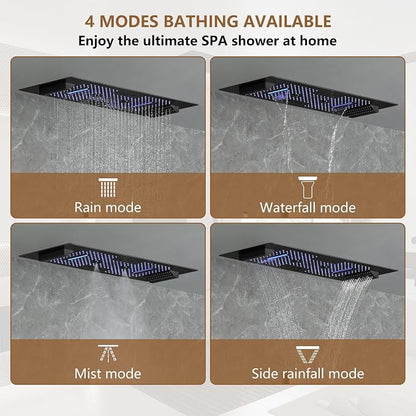 CASAINC 35x16 Inch Thermostatic Shower System Luxury 6 Functions Full Body Shower System, Multifunctional Shower Jets System with Sliding Rod 2 in 1 Handheld, LED & Music (Matte Black)