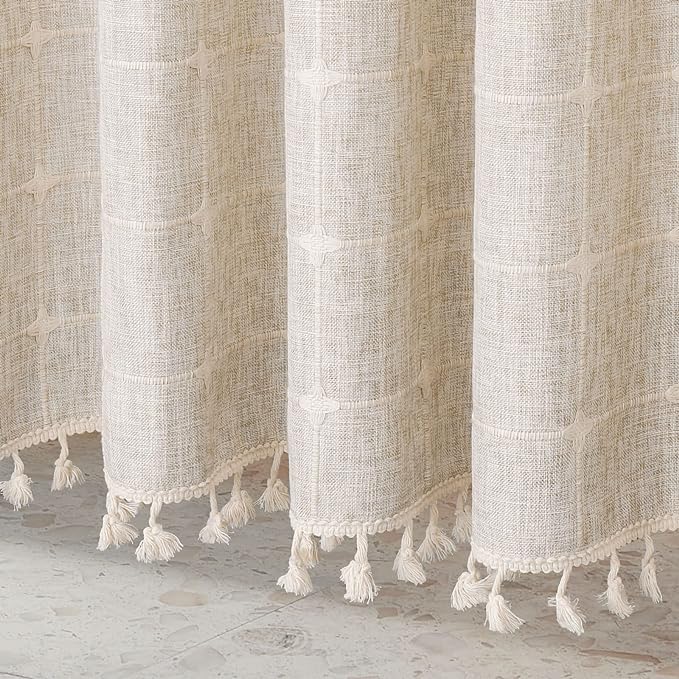 MitoVilla Boho Farmhouse Shower Curtain Set, Modern Boho Shower Curtains for Bathroom Decor, Tan Brown Polyester Linen Fabric Shower Curtain, Rustic Neutral Weave Cloth Shower Curtain, Taupe, 72 x 72