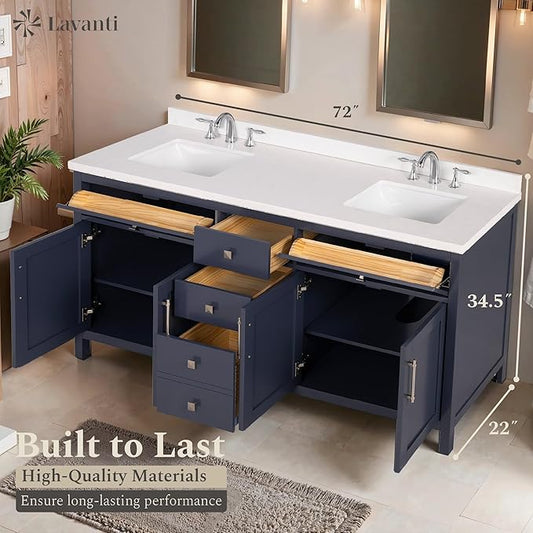 Lavanti Oakford 72 Inch Bathroom Vanity with Sink – Stylish Navy Blue Vanity Bathroom with Storage Cabinet – Modern Bathroom Vanities with Double Vanity Sink & Quartz Countertop