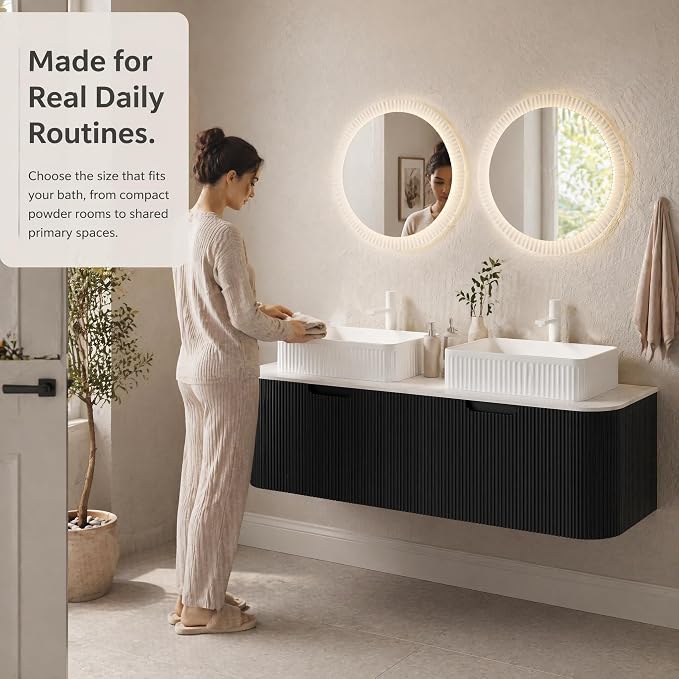 60 Inch Double Sink Bathroom Vanity, Floating Wall Mounted Cabinet, Black Curved Fluted Front, Stone Top, Dual White Textured Rectangular Vessel Basins, Pre-Assembled